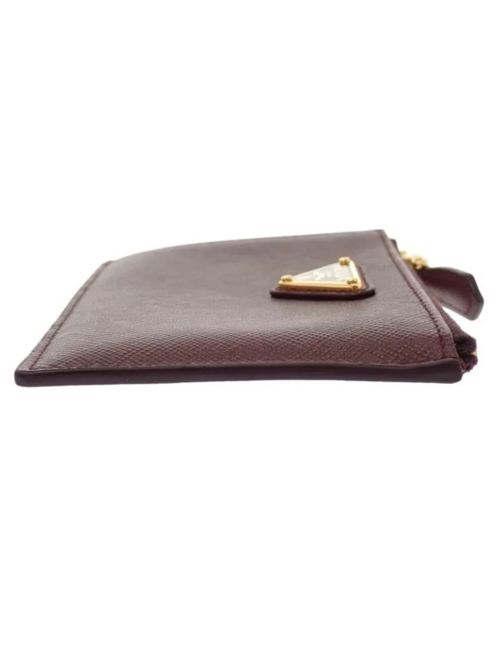 Prada Saffiano Triangle Card Case Bordeaux Burgundy Gold Genus